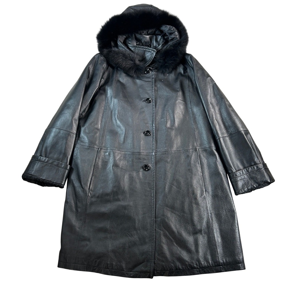 Vera Pelle Italian Leather Coat Black Real Fox Fur Trim Hooded Jacket Size 48